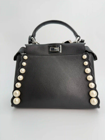 (AJ17) Fendi Black Calf Leather Pearl Embellished Small Peekaboo, Silver Hardware