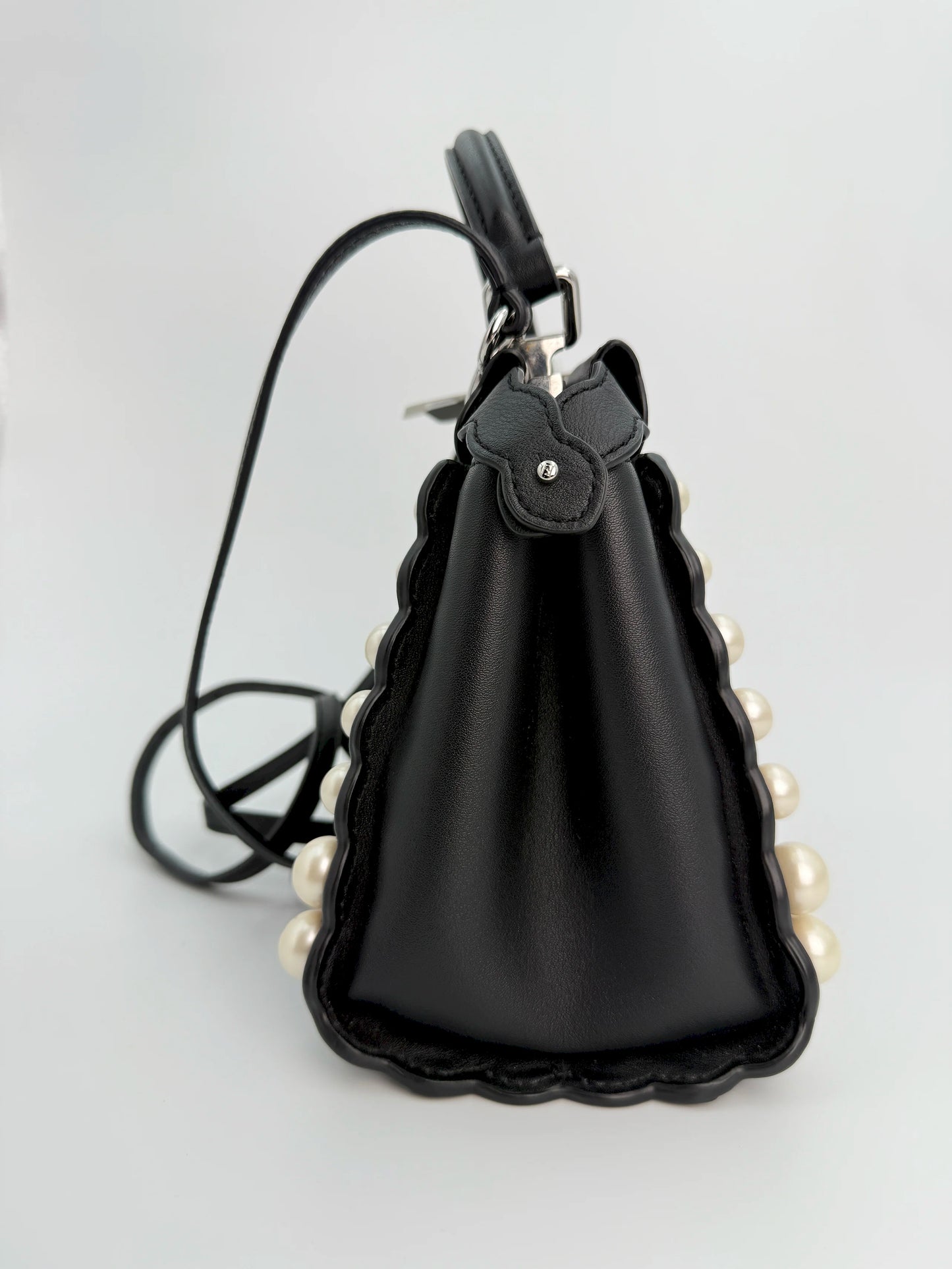 (AJ17) Fendi Black Calf Leather Pearl Embellished Small Peekaboo, Silver Hardware