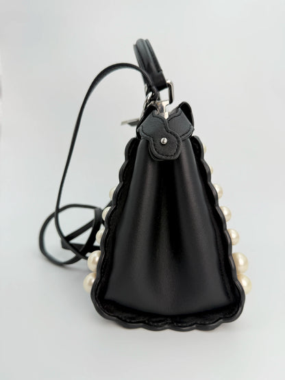(AJ17) Fendi Black Calf Leather Pearl Embellished Small Peekaboo, Silver Hardware