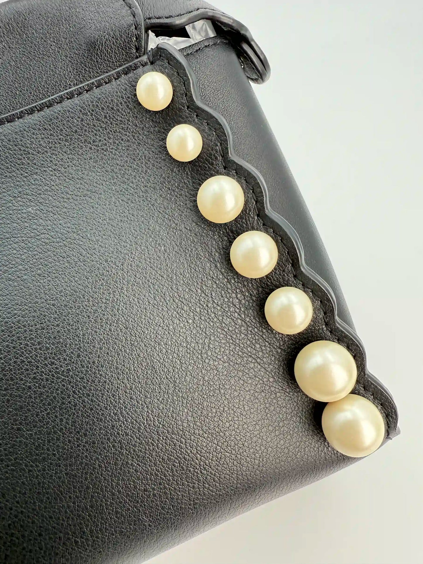 (AJ17) Fendi Black Calf Leather Pearl Embellished Small Peekaboo, Silver Hardware