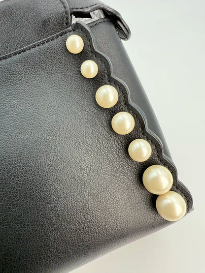(AJ17) Fendi Black Calf Leather Pearl Embellished Small Peekaboo, Silver Hardware
