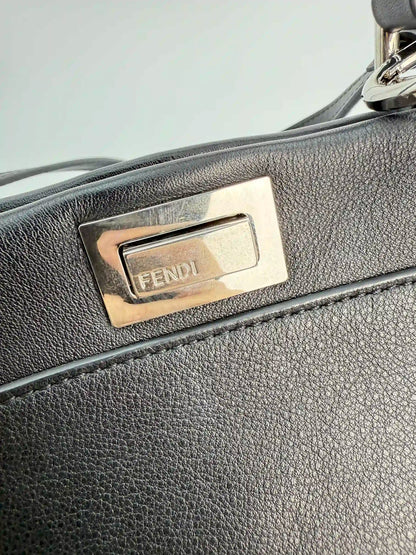 (AJ17) Fendi Black Calf Leather Pearl Embellished Small Peekaboo, Silver Hardware