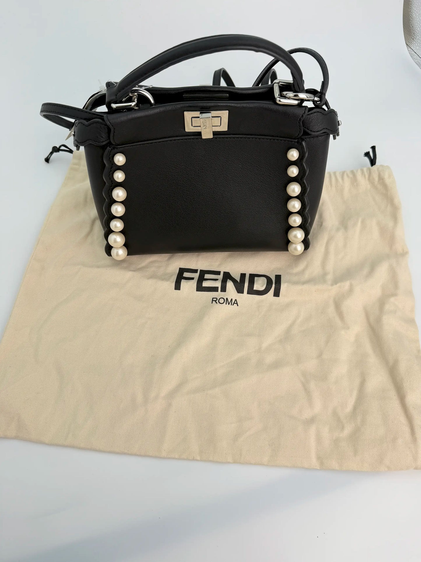 (AJ17) Fendi Black Calf Leather Pearl Embellished Small Peekaboo, Silver Hardware
