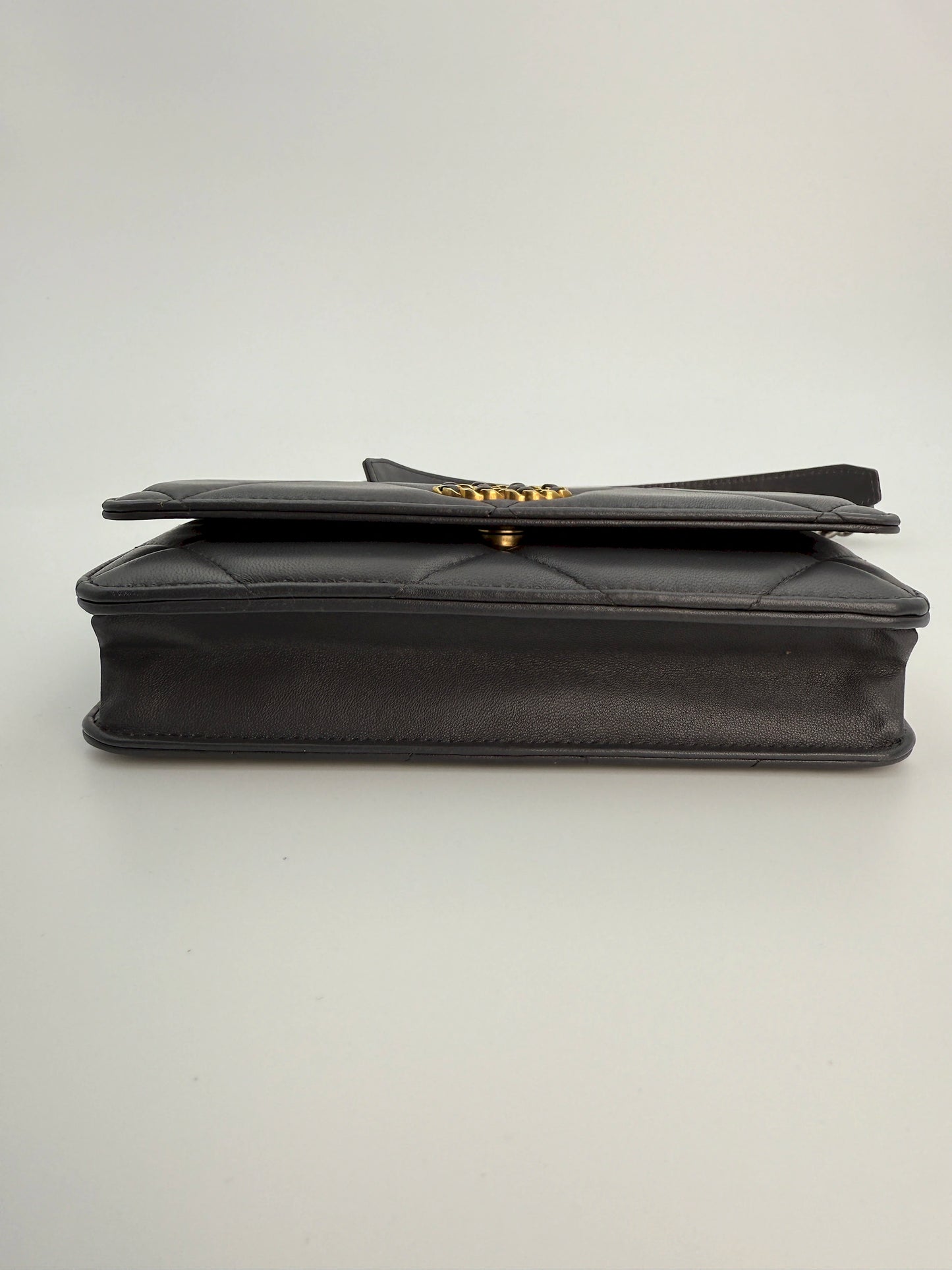 (AJ18) Chanel Grey Lambskin 19 Wallet on Chain, Gold/Silver/Ruthenium Hardware