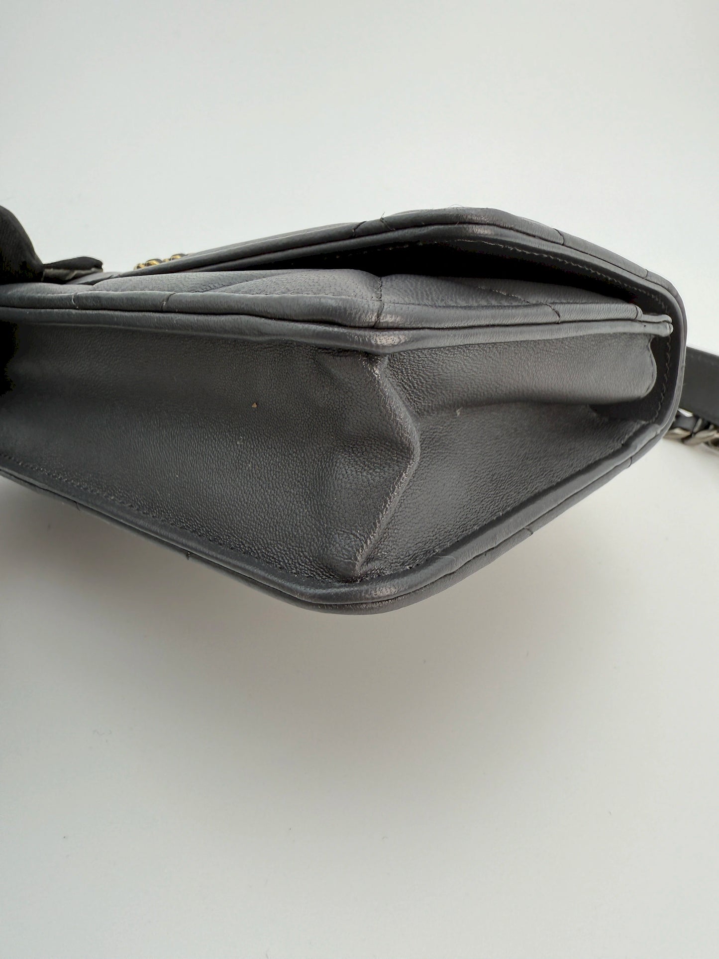 (AJ18) Chanel Grey Lambskin 19 Wallet on Chain, Gold/Silver/Ruthenium Hardware