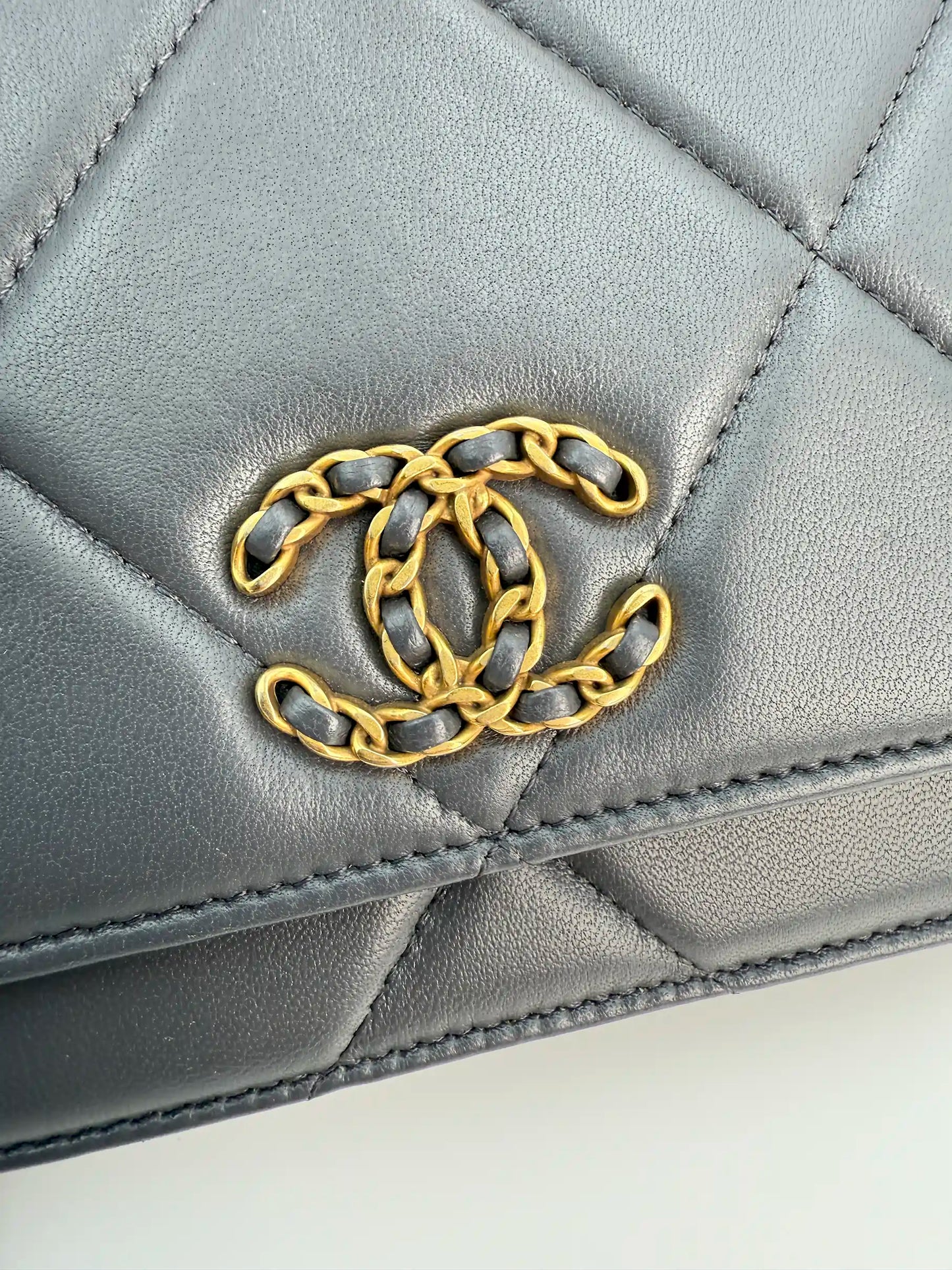 (AJ18) Chanel Grey Lambskin 19 Wallet on Chain, Gold/Silver/Ruthenium Hardware
