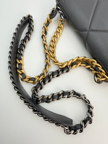 (AJ18) Chanel Grey Lambskin 19 Wallet on Chain, Gold/Silver/Ruthenium Hardware