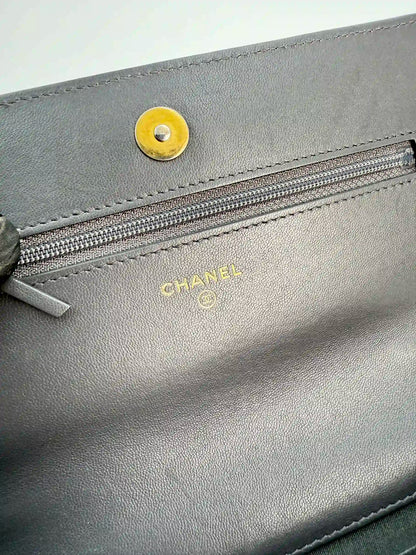 (AJ18) Chanel Grey Lambskin 19 Wallet on Chain, Gold/Silver/Ruthenium Hardware