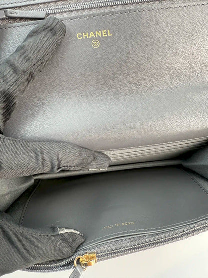 (AJ18) Chanel Grey Lambskin 19 Wallet on Chain, Gold/Silver/Ruthenium Hardware