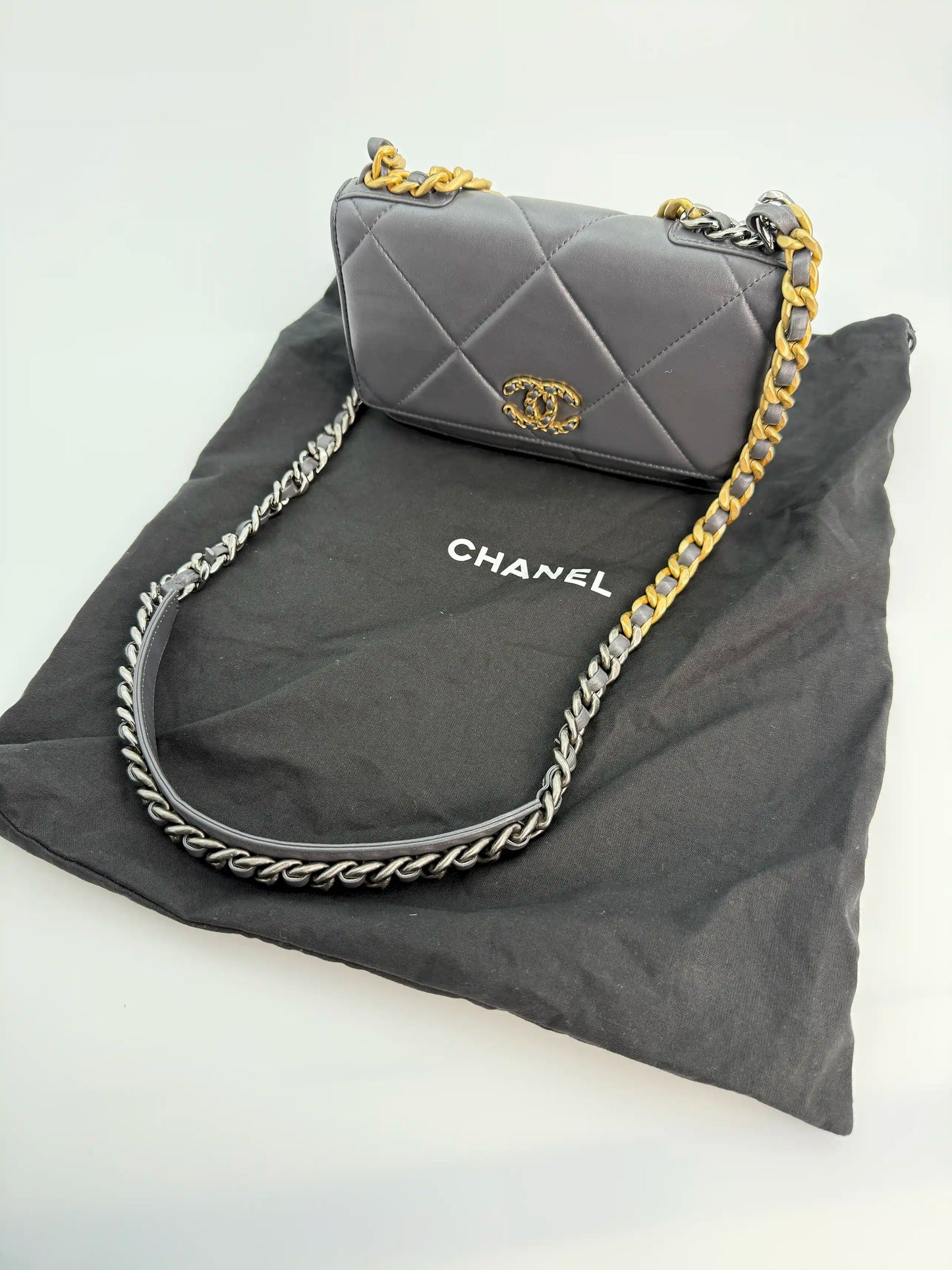 (AJ18) Chanel Grey Lambskin 19 Wallet on Chain, Gold/Silver/Ruthenium Hardware