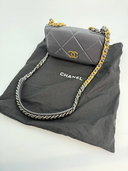 (AJ18) Chanel Grey Lambskin 19 Wallet on Chain, Gold/Silver/Ruthenium Hardware