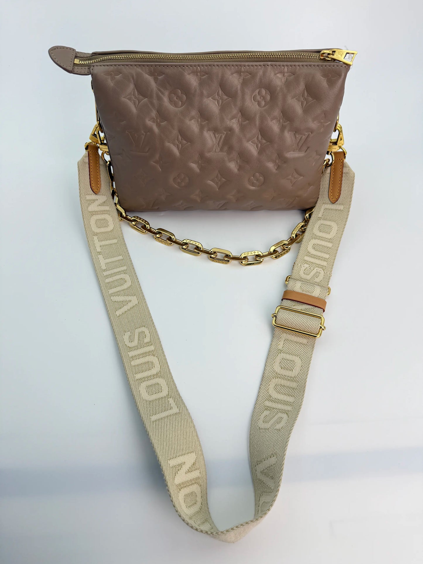 (AJ20) Louis Vuitton Beige Monogram Embossed Coussin PM, Gold Hardware