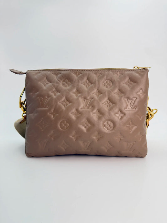 (AJ20) Louis Vuitton Beige Monogram Embossed Coussin PM, Gold Hardware