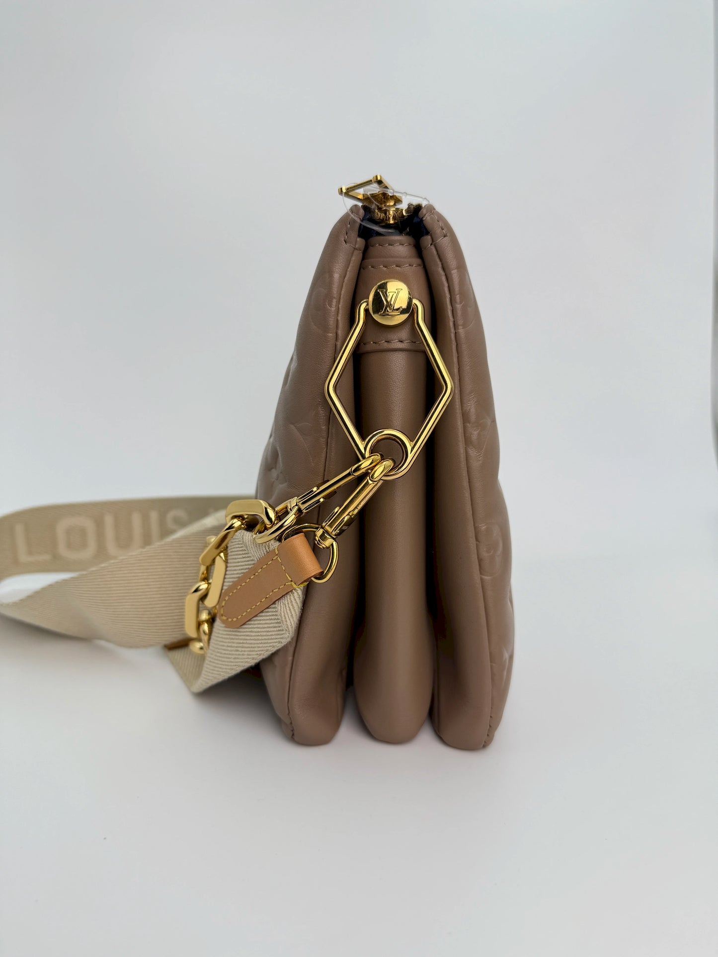 (AJ20) Louis Vuitton Beige Monogram Embossed Coussin PM, Gold Hardware