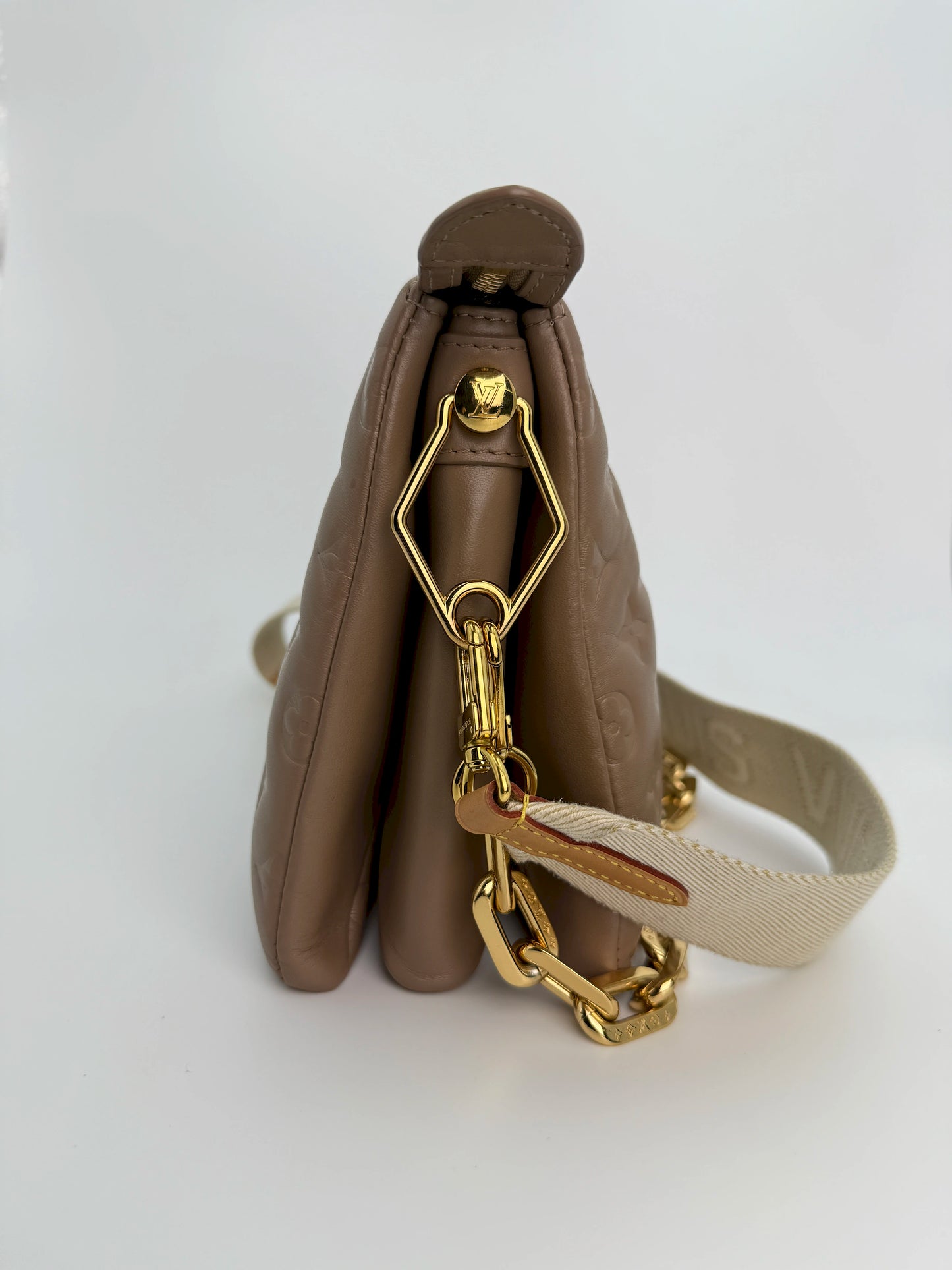 (AJ20) Louis Vuitton Beige Monogram Embossed Coussin PM, Gold Hardware