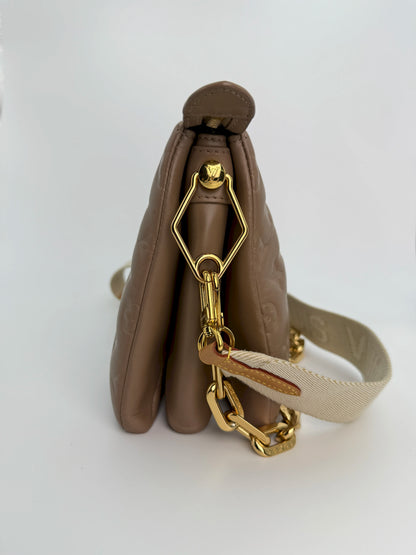 (AJ20) Louis Vuitton Beige Monogram Embossed Coussin PM, Gold Hardware