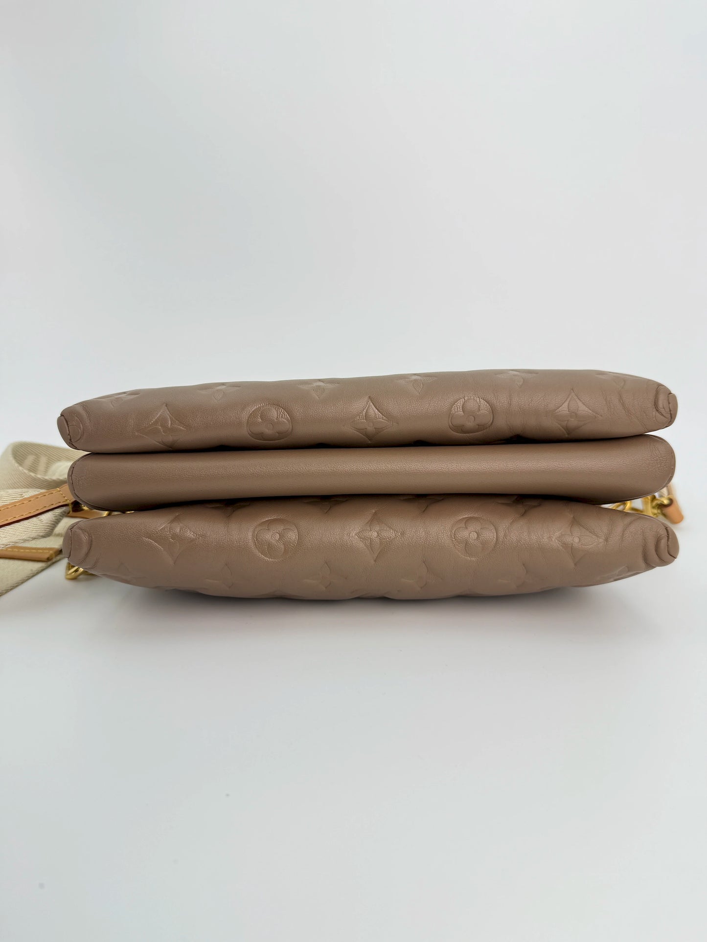 (AJ20) Louis Vuitton Beige Monogram Embossed Coussin PM, Gold Hardware
