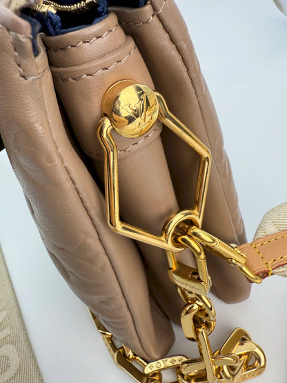 (AJ20) Louis Vuitton Beige Monogram Embossed Coussin PM, Gold Hardware