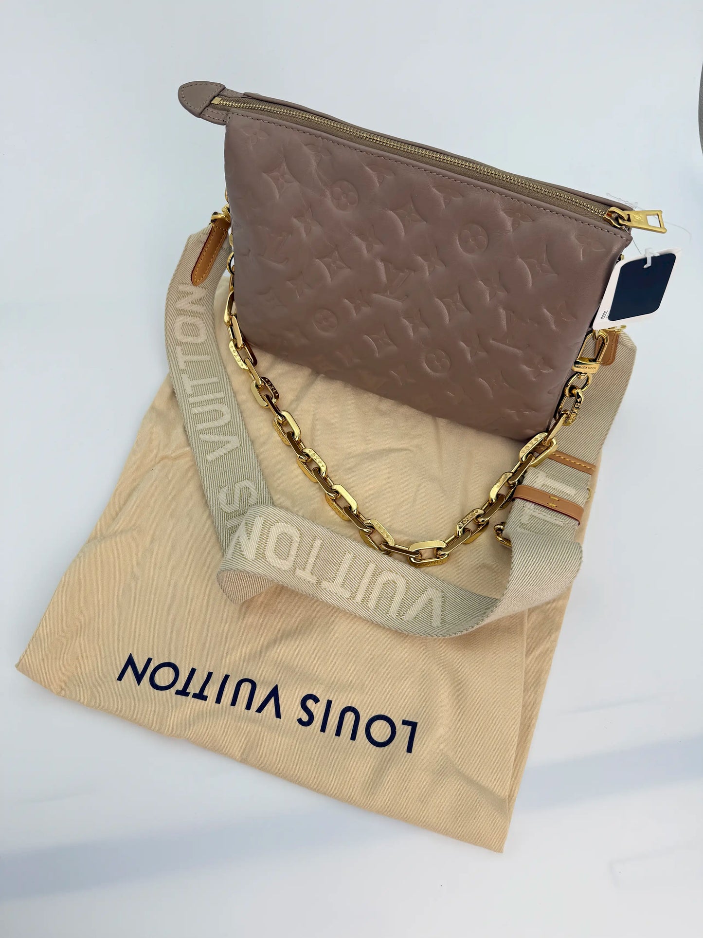 (AJ20) Louis Vuitton Beige Monogram Embossed Coussin PM, Gold Hardware