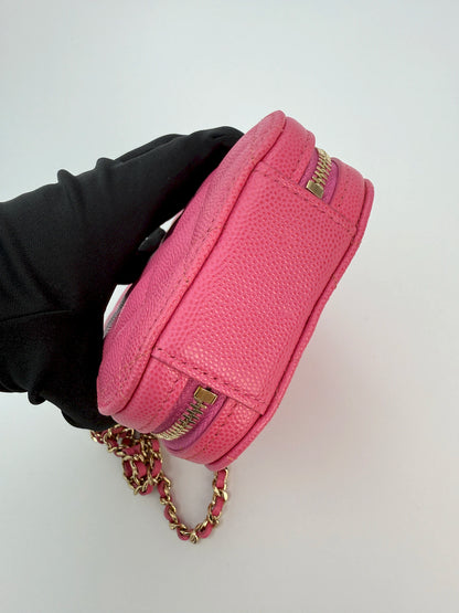 (AJ22) Chanel Pink Caviar Phone Pouch, Champagne Gold Hardware