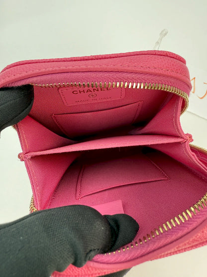 (AJ22) Chanel Pink Caviar Phone Pouch, Champagne Gold Hardware