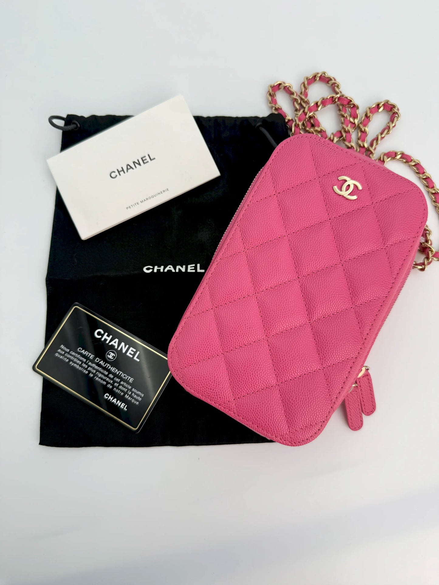 (AJ22) Chanel Pink Caviar Phone Pouch, Champagne Gold Hardware