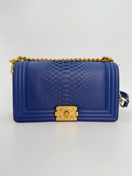 (AJ24) Chanel Blue Python Medium Size LeBoy, Gold Hardware
