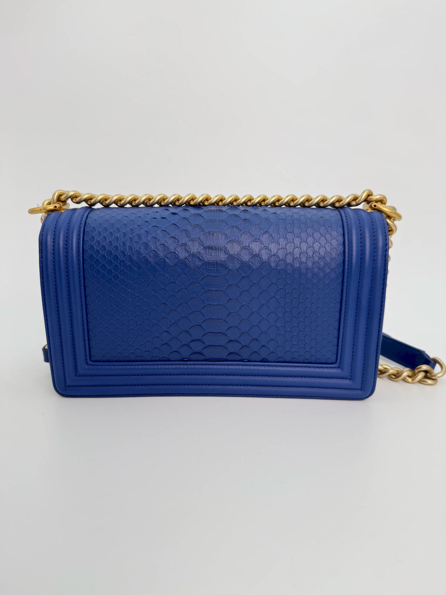(AJ24) Chanel Blue Python Medium Size LeBoy, Gold Hardware