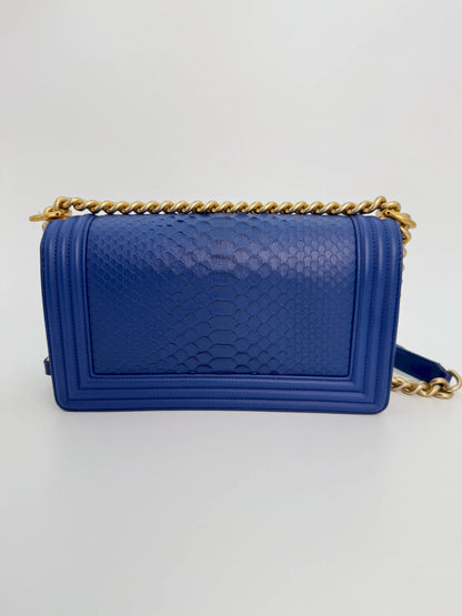 (AJ24) Chanel Blue Python Medium Size LeBoy, Gold Hardware