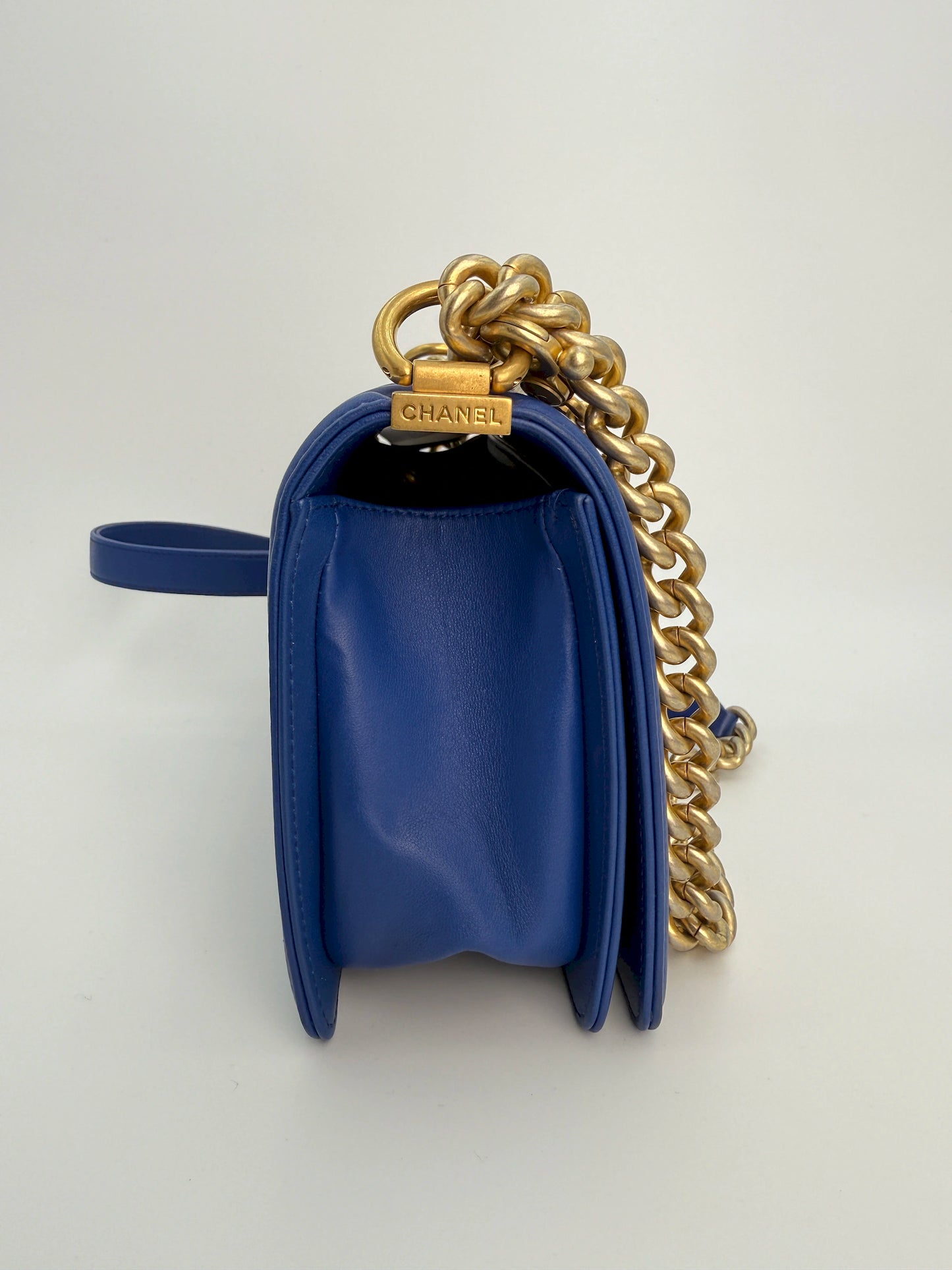 (AJ24) Chanel Blue Python Medium Size LeBoy, Gold Hardware