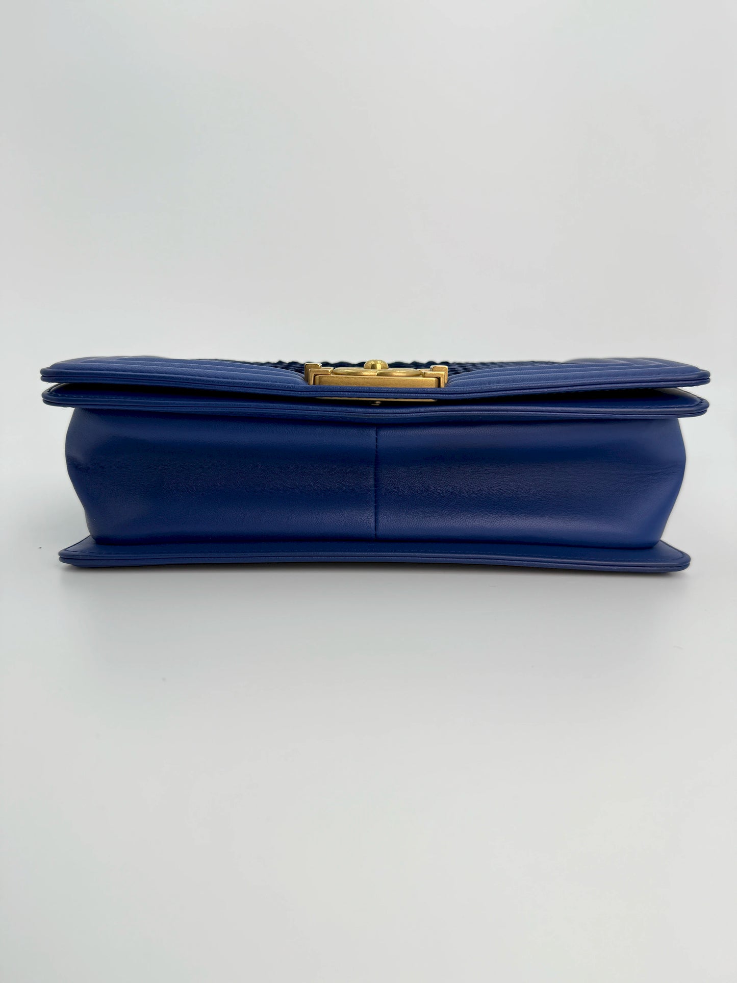 (AJ24) Chanel Blue Python Medium Size LeBoy, Gold Hardware