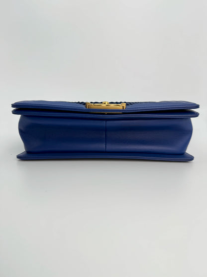 (AJ24) Chanel Blue Python Medium Size LeBoy, Gold Hardware