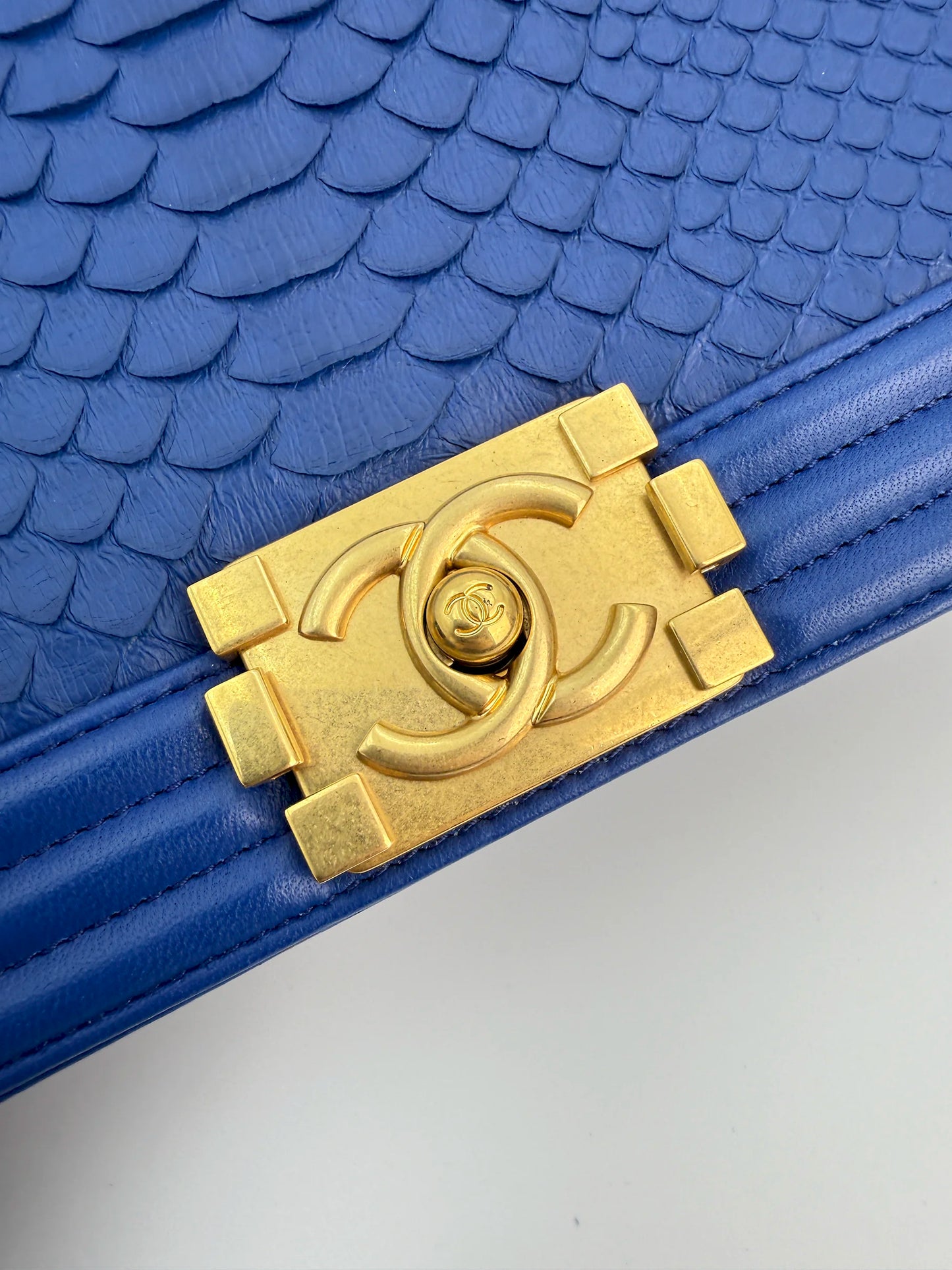 (AJ24) Chanel Blue Python Medium Size LeBoy, Gold Hardware