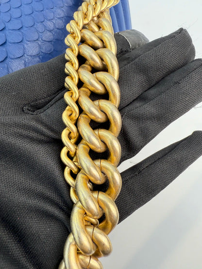 (AJ24) Chanel Blue Python Medium Size LeBoy, Gold Hardware