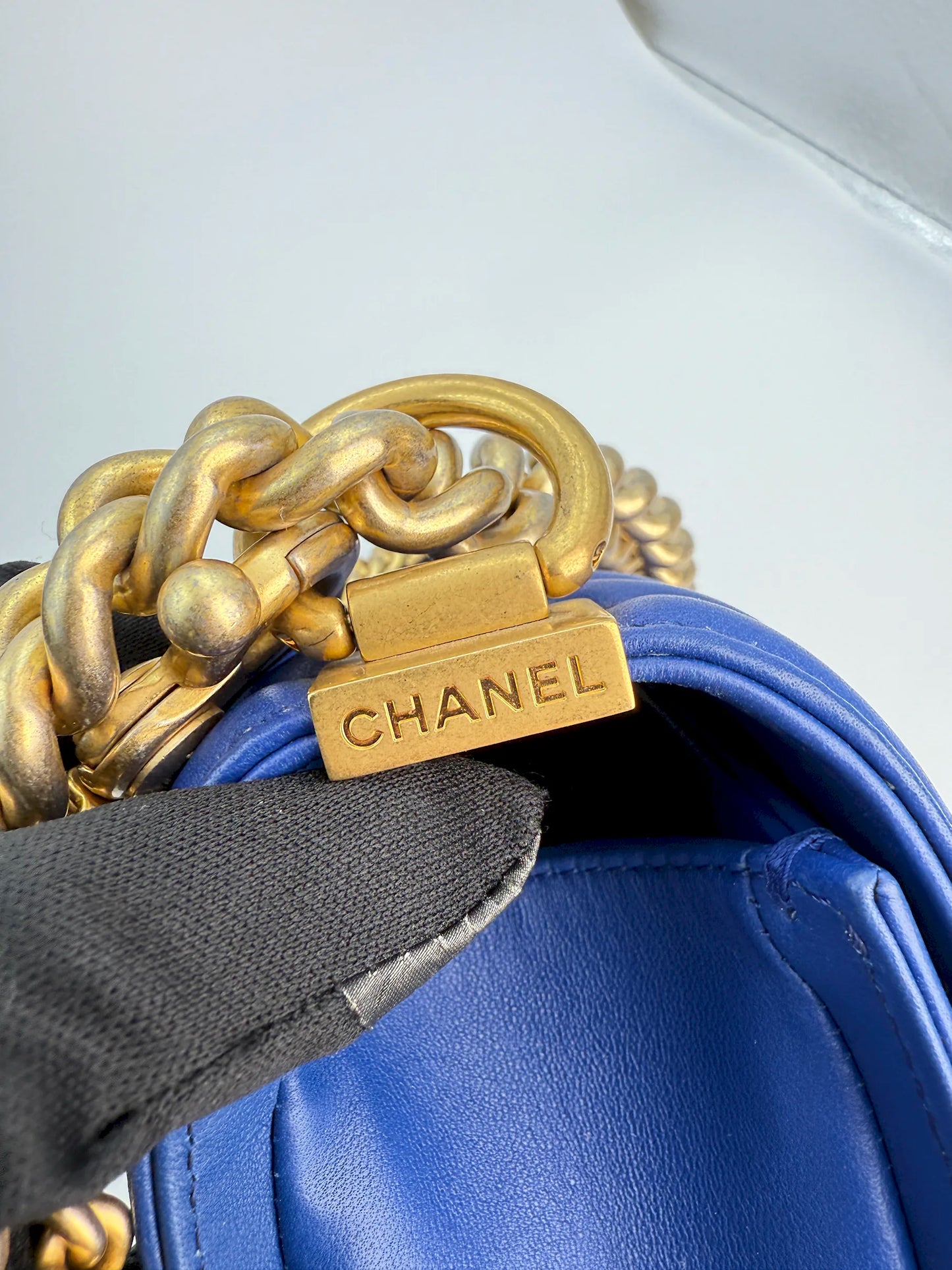 (AJ24) Chanel Blue Python Medium Size LeBoy, Gold Hardware