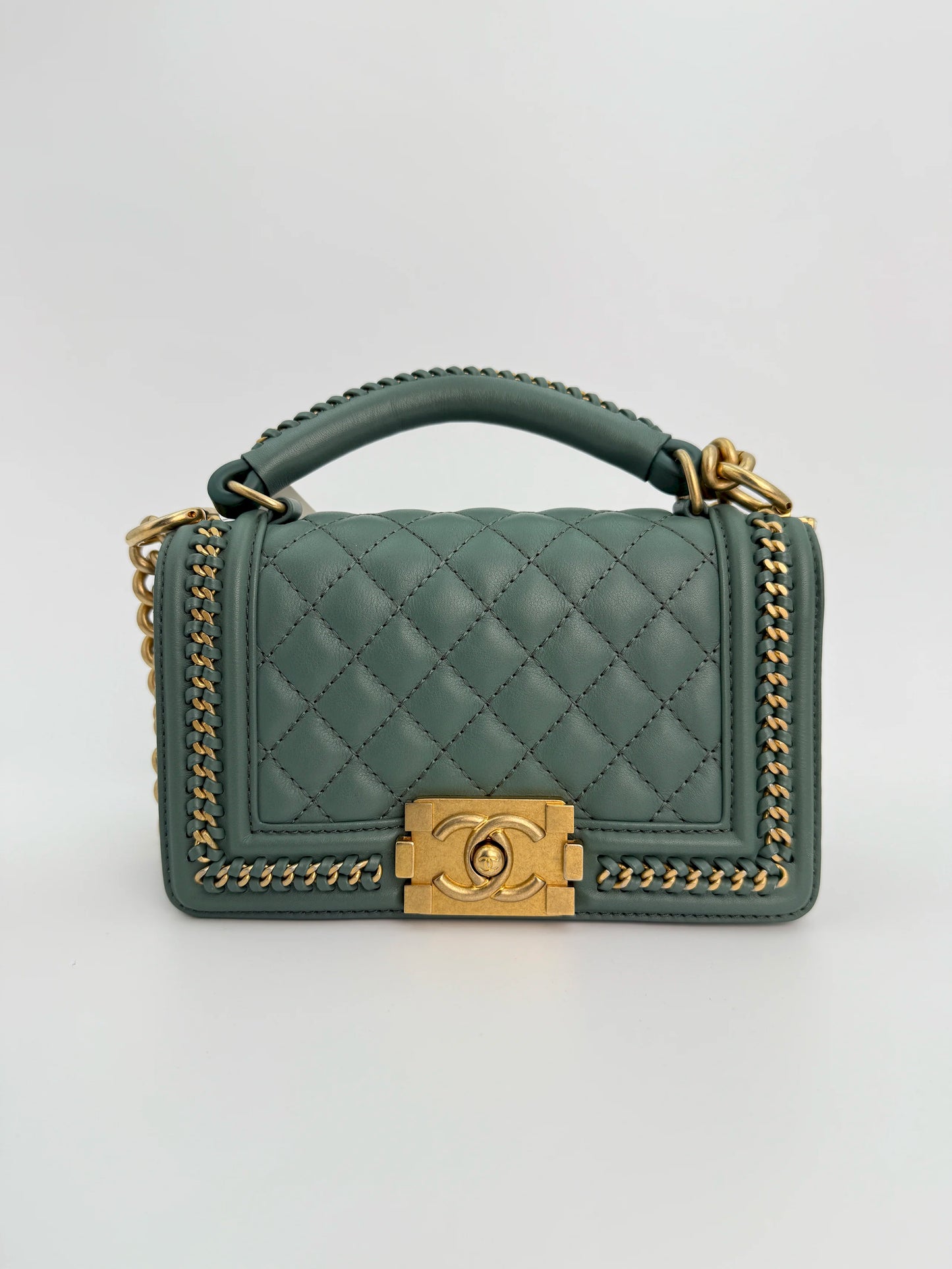 (AJ26) Chanel Sage Green Small Top Handle LeBoy, Gold Hardware