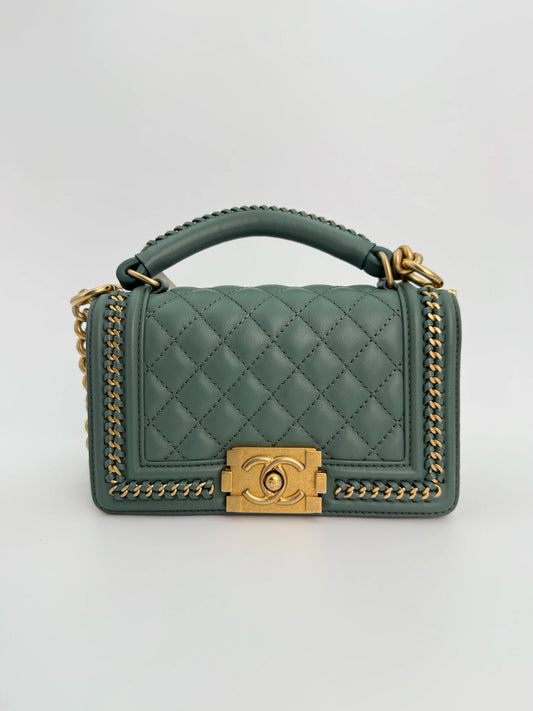 (AJ26) Chanel Sage Green Small Top Handle LeBoy, Gold Hardware