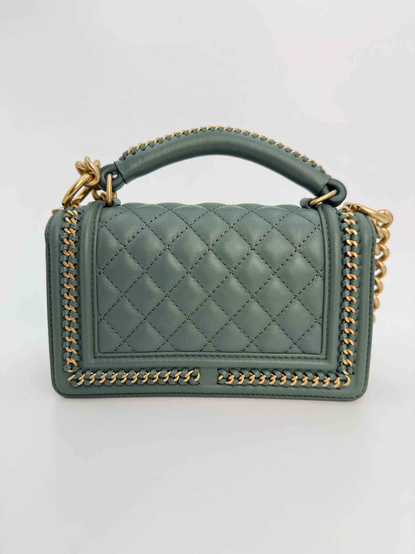 (AJ26) Chanel Sage Green Small Top Handle LeBoy, Gold Hardware