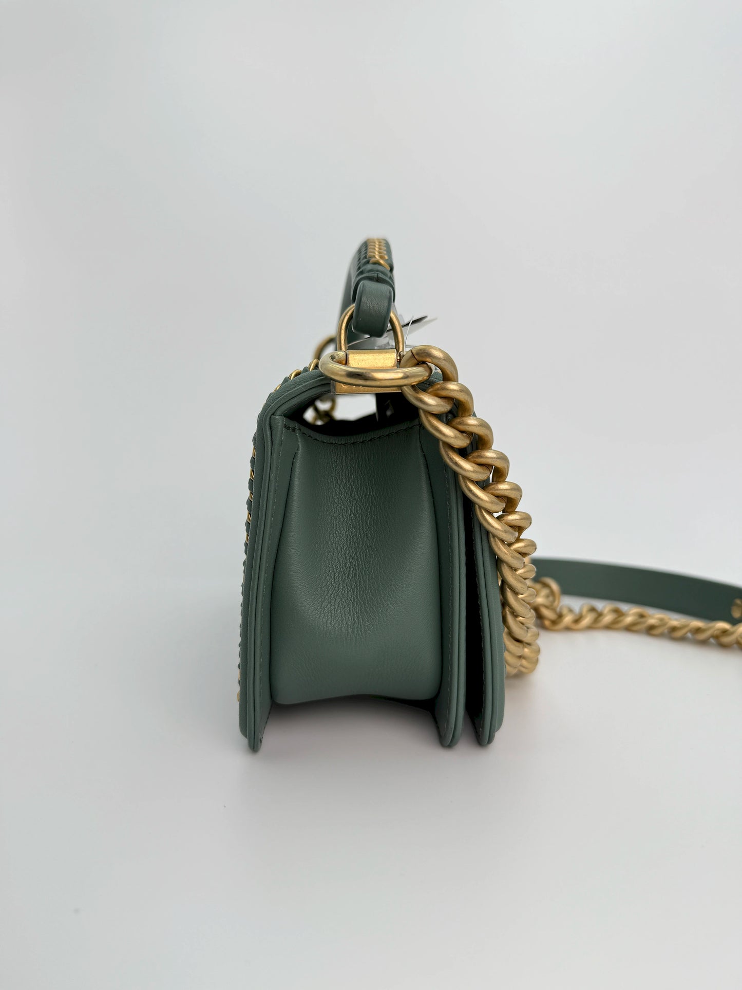 (AJ26) Chanel Sage Green Small Top Handle LeBoy, Gold Hardware
