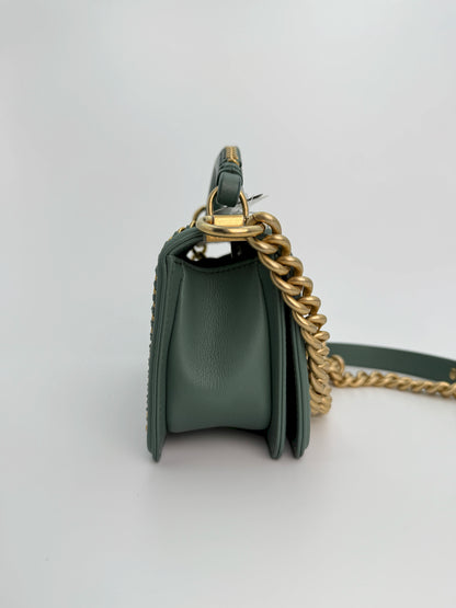 (AJ26) Chanel Sage Green Small Top Handle LeBoy, Gold Hardware