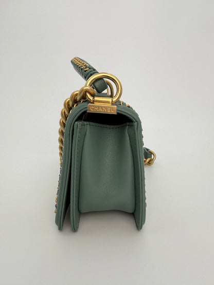 (AJ26) Chanel Sage Green Small Top Handle LeBoy, Gold Hardware