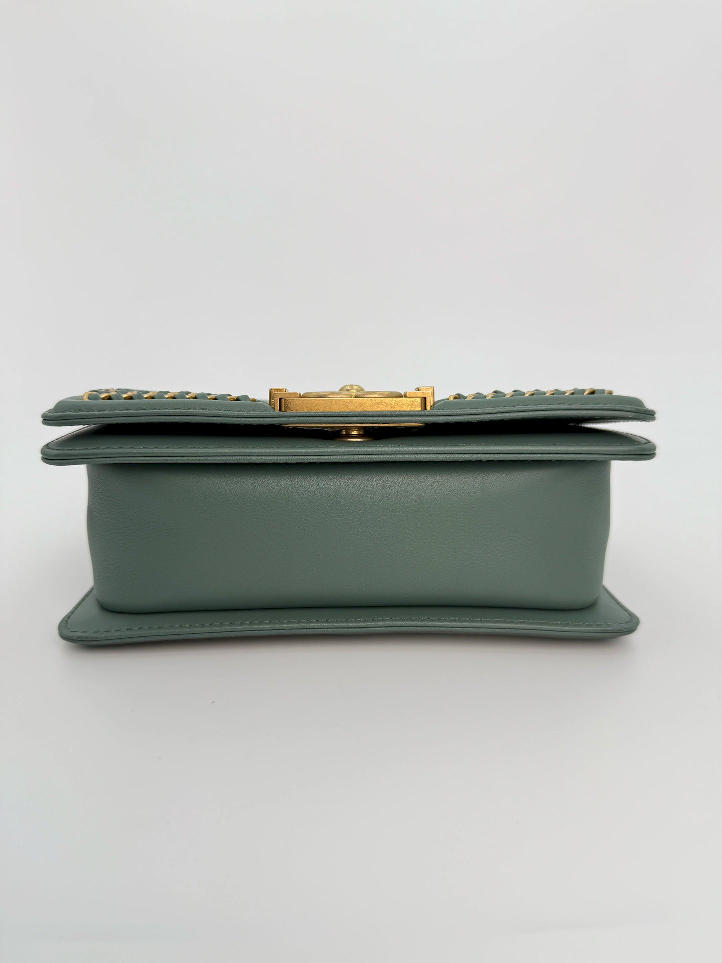(AJ26) Chanel Sage Green Small Top Handle LeBoy, Gold Hardware