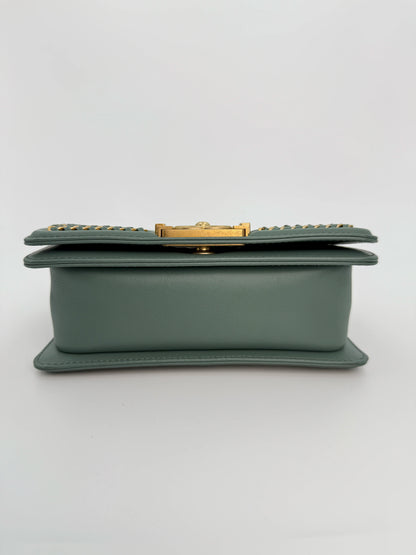 (AJ26) Chanel Sage Green Small Top Handle LeBoy, Gold Hardware