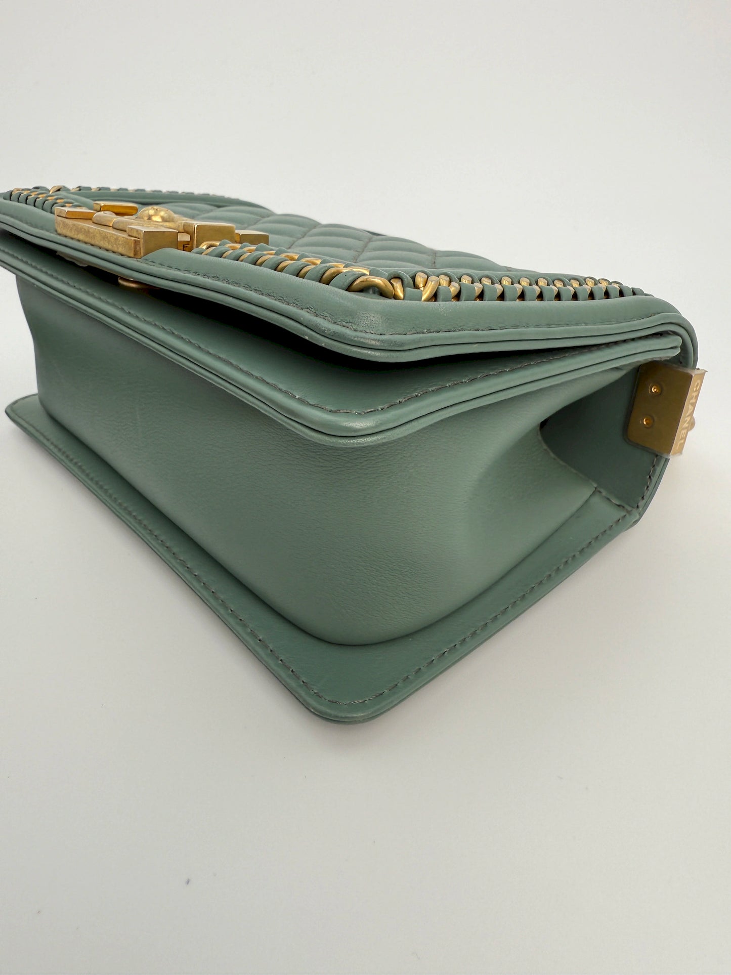 (AJ26) Chanel Sage Green Small Top Handle LeBoy, Gold Hardware