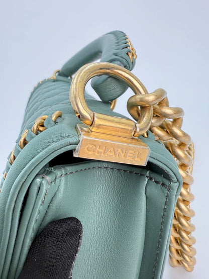 (AJ26) Chanel Sage Green Small Top Handle LeBoy, Gold Hardware