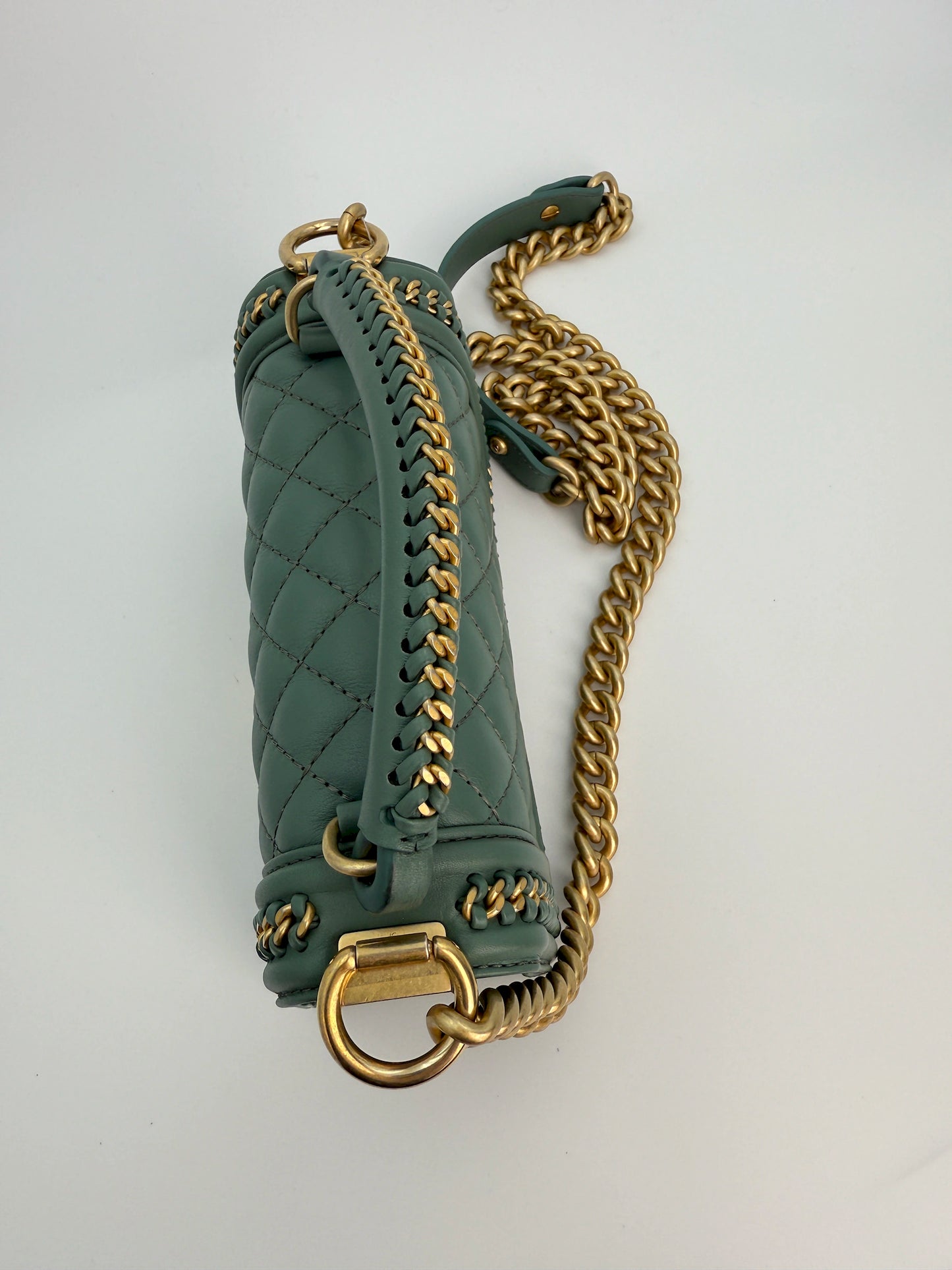 (AJ26) Chanel Sage Green Small Top Handle LeBoy, Gold Hardware