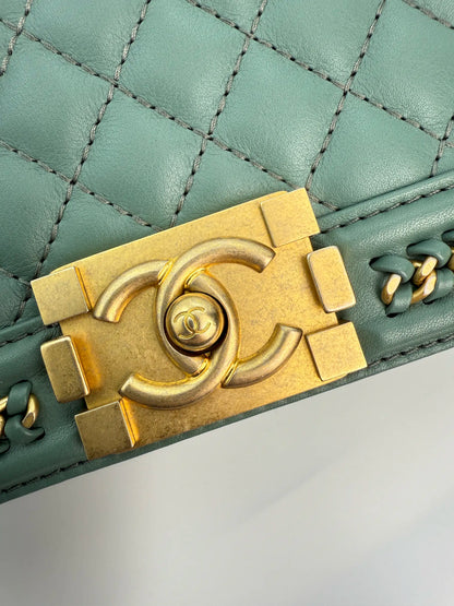 (AJ26) Chanel Sage Green Small Top Handle LeBoy, Gold Hardware