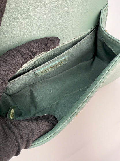 (AJ26) Chanel Sage Green Small Top Handle LeBoy, Gold Hardware