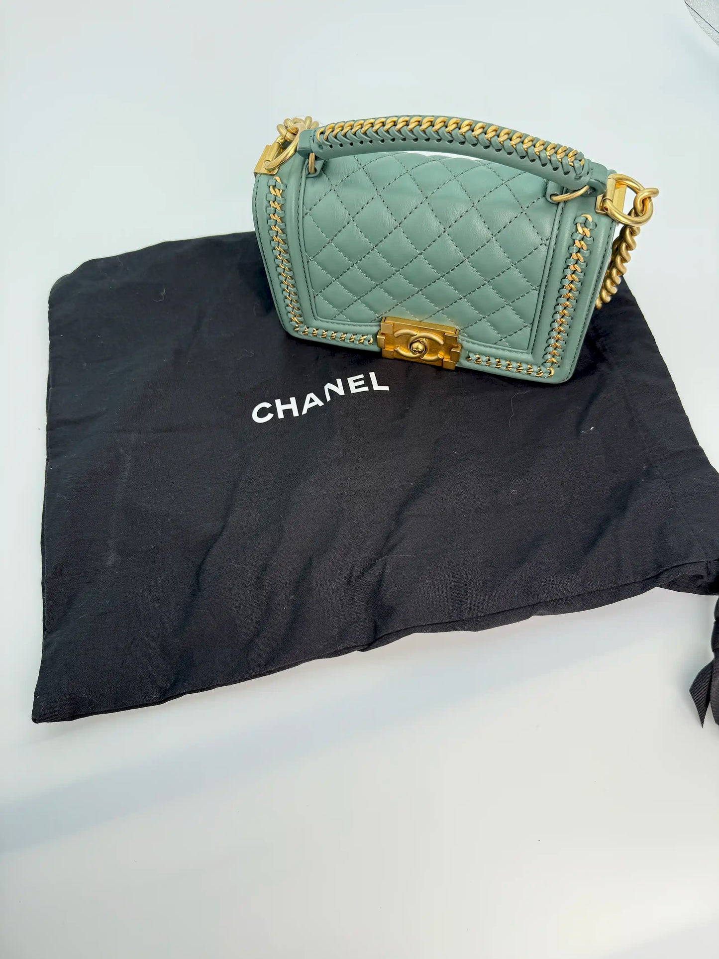 (AJ26) Chanel Sage Green Small Top Handle LeBoy, Gold Hardware