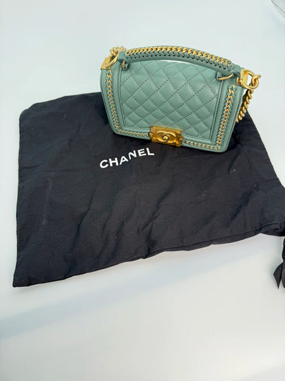 (AJ26) Chanel Sage Green Small Top Handle LeBoy, Gold Hardware